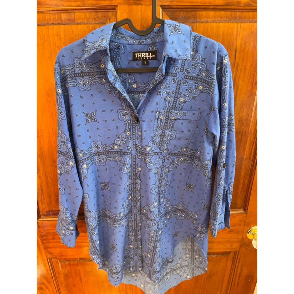 Thrill Jeans (Australia) Royal Blue Western Print Tunic Button Up E…